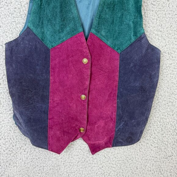 Vintage 90s Suede Patchwork‎ Vest Women M Western Boho Teal Plum Festival - Picture 5 of 5